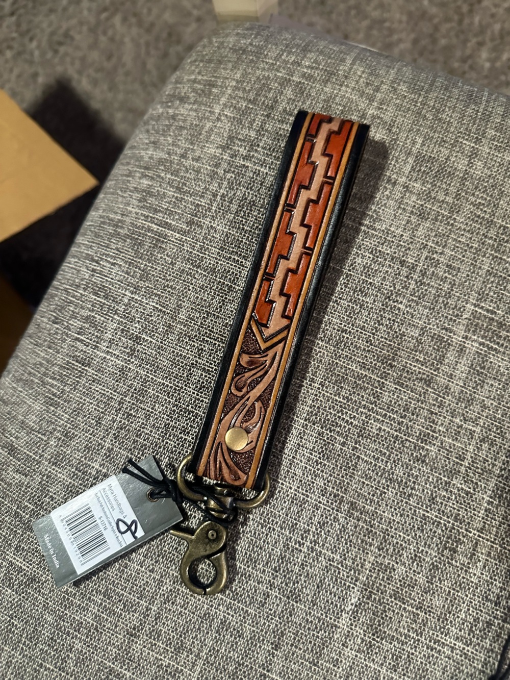 Myra Bag Brown and Black Tooled Leather Key Wristlet